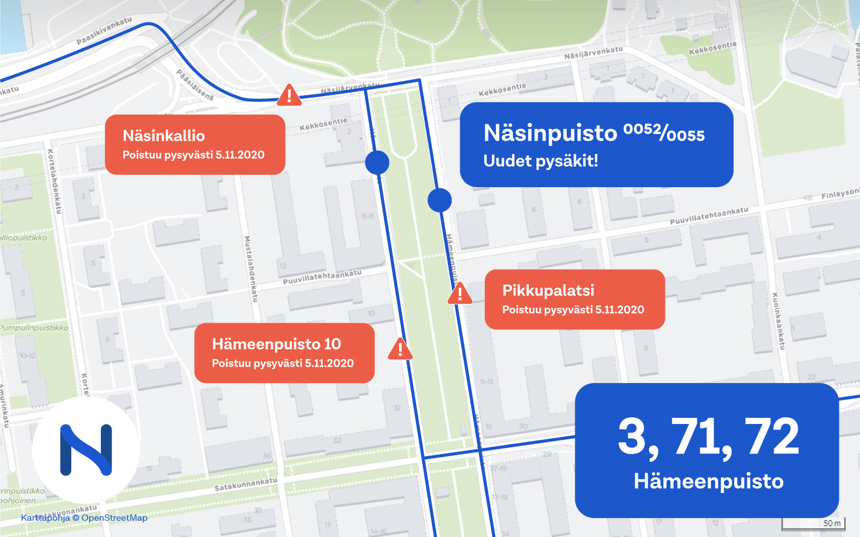 Hämeenpuiston pohjoiset pysäkit kartalla