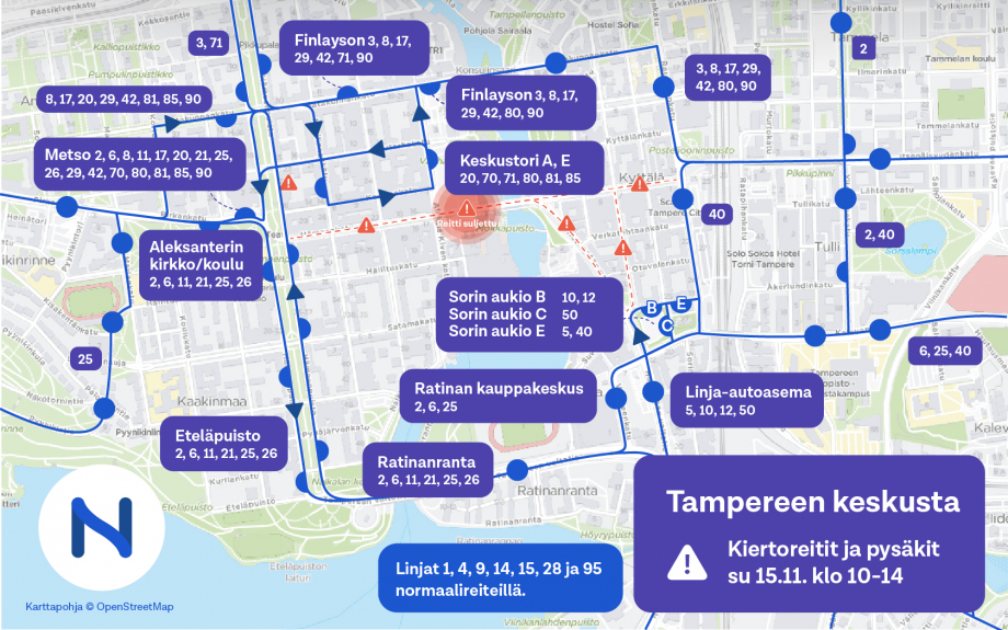Tampereen keskustan kiertoreitit 15.11. kartalla