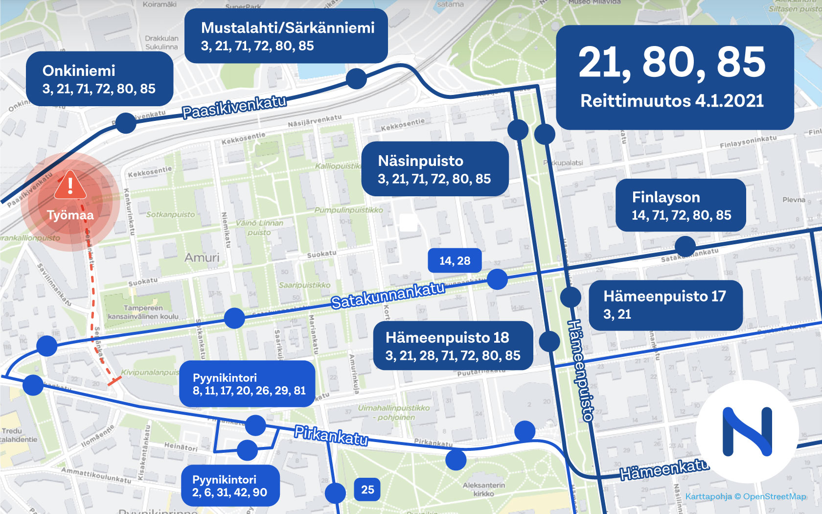 Linjojen 21, 80 ja 85 uusi reitti ja pysäkit kartalla