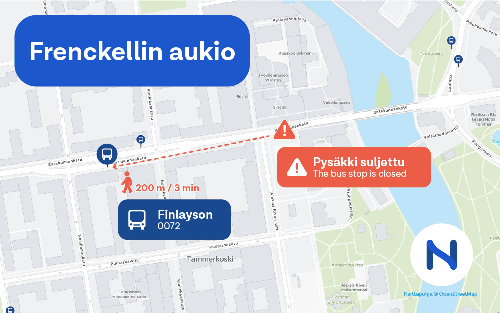 Pysäkki Frenckell on suljettu . kello 8-22 - Nysse, Tampereen seudun  joukkoliikenne