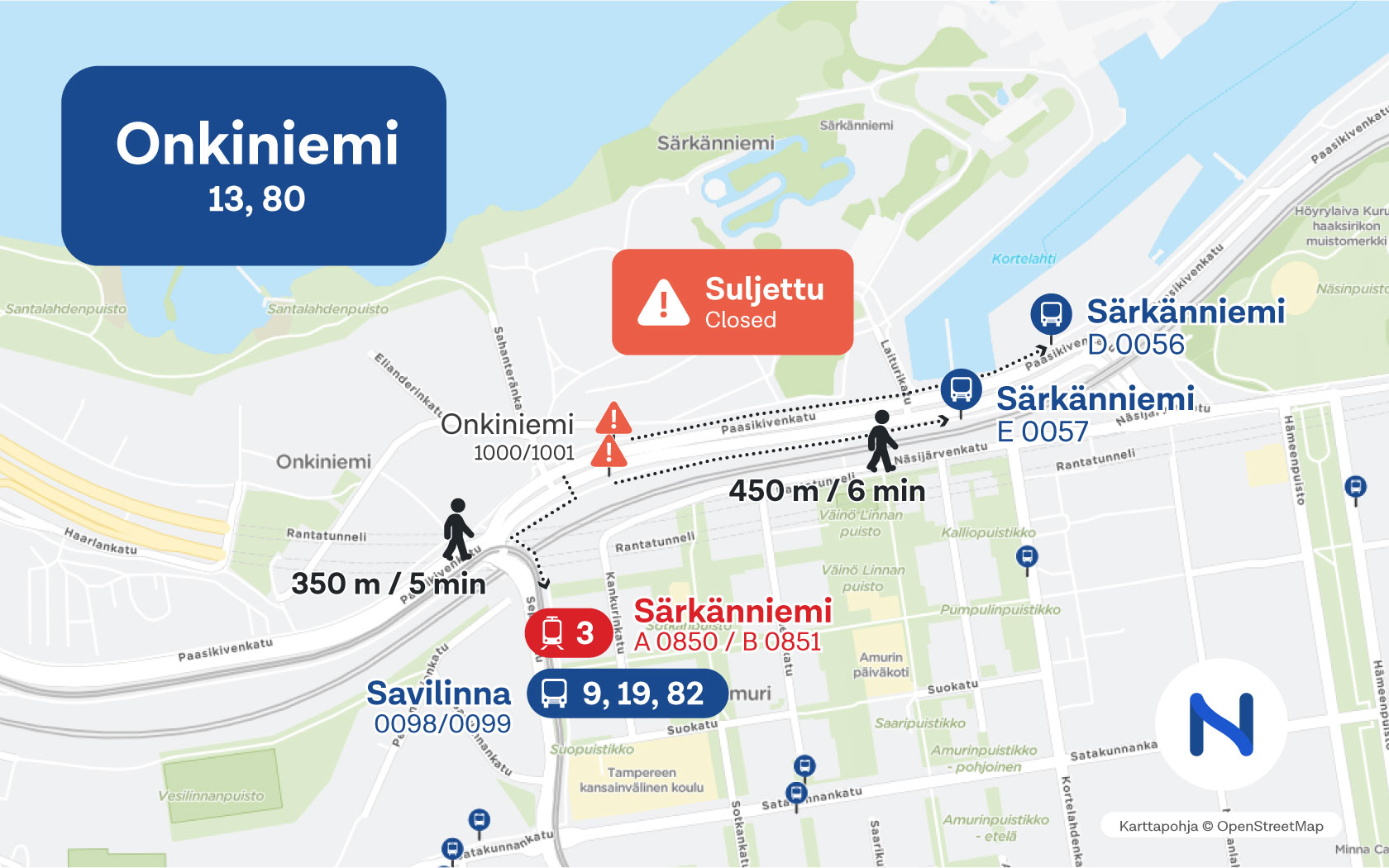 Onkiniemen pysäkit sijaitsevat Paasikivenkadulla, noin 350 metrin päässä Sepänkadun pysäkeistä. Kävelymatka Paasikivenkadun itäpään pysäkeille Särkänniemi D ja E on noin 450 metriä.