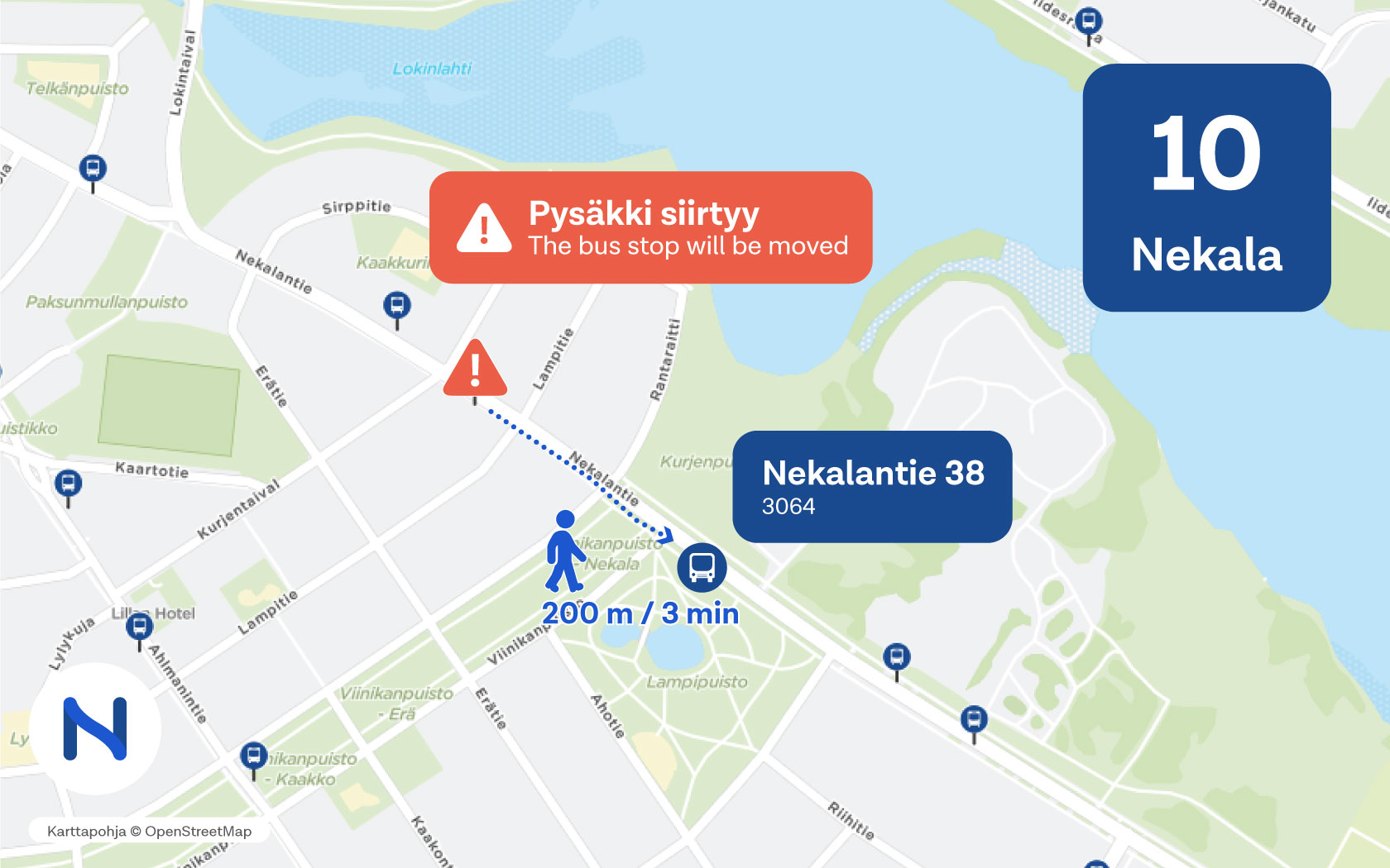 Pysäkki Nekalantie 38 3064 sijaitsee Nekalantiellä Kurjentaipaleen ja Lampitien välisessä korttelissa.