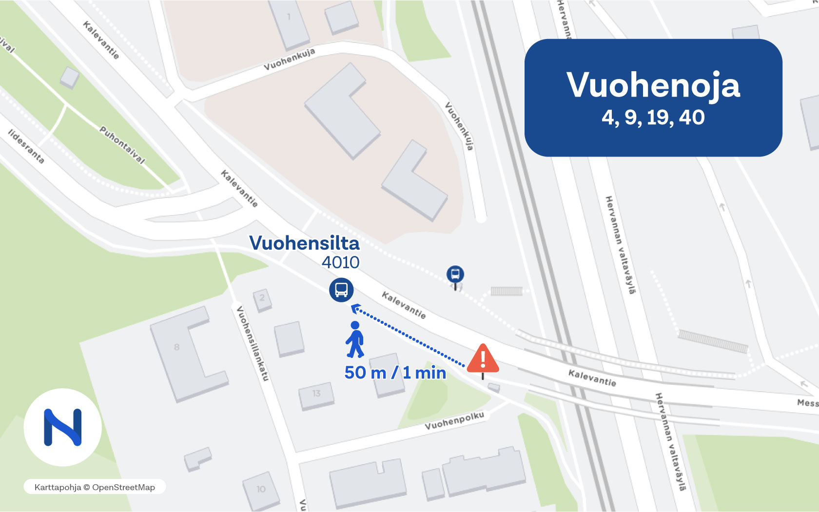 Siirtyvä pysäkki sijaitsee Kalevantien eteläisen ajoradan reunalla, Vuohensillan länsipuolella.