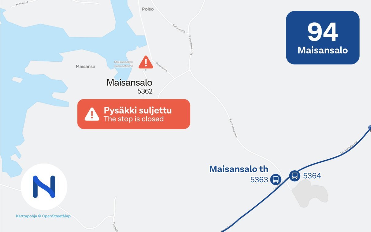 Pysäkki Maisansalo 5362 ei ole käytössä. Lähimmät käytössä olevat pysäkit ovat Maisansalo th 5363 ja 5364. 