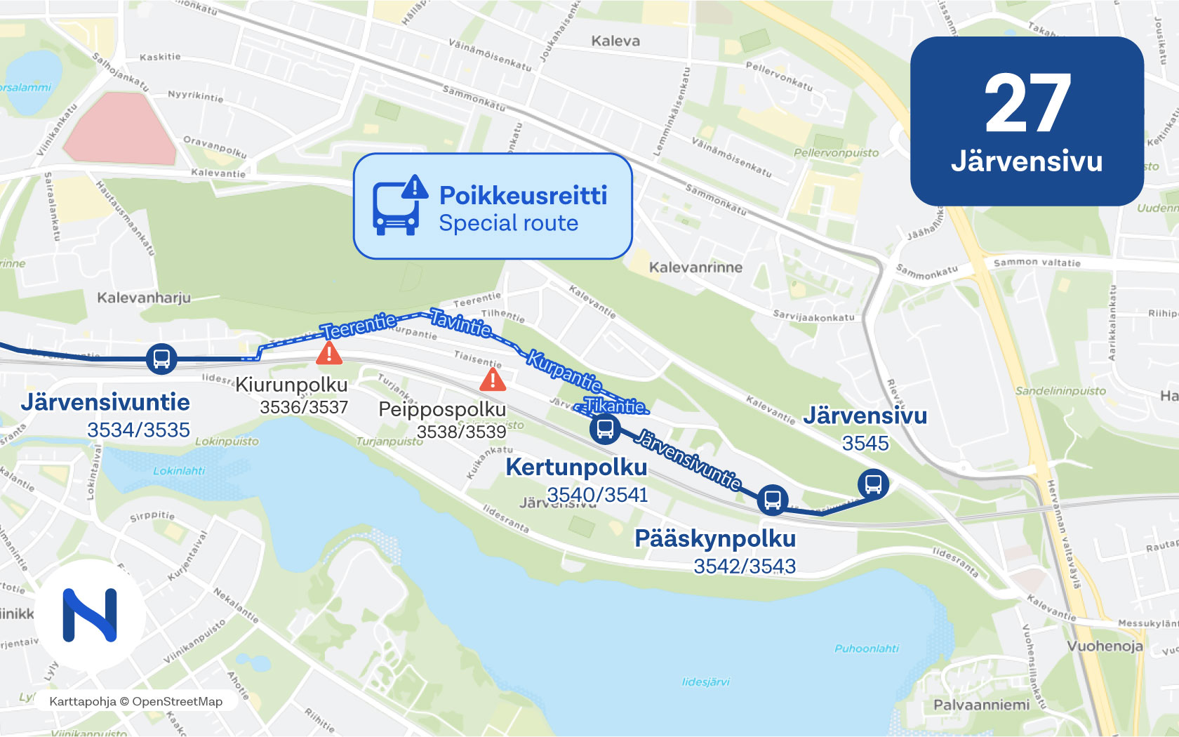Kartalla näkyy linjan 27 poikkeusreitti ja pysäkit.