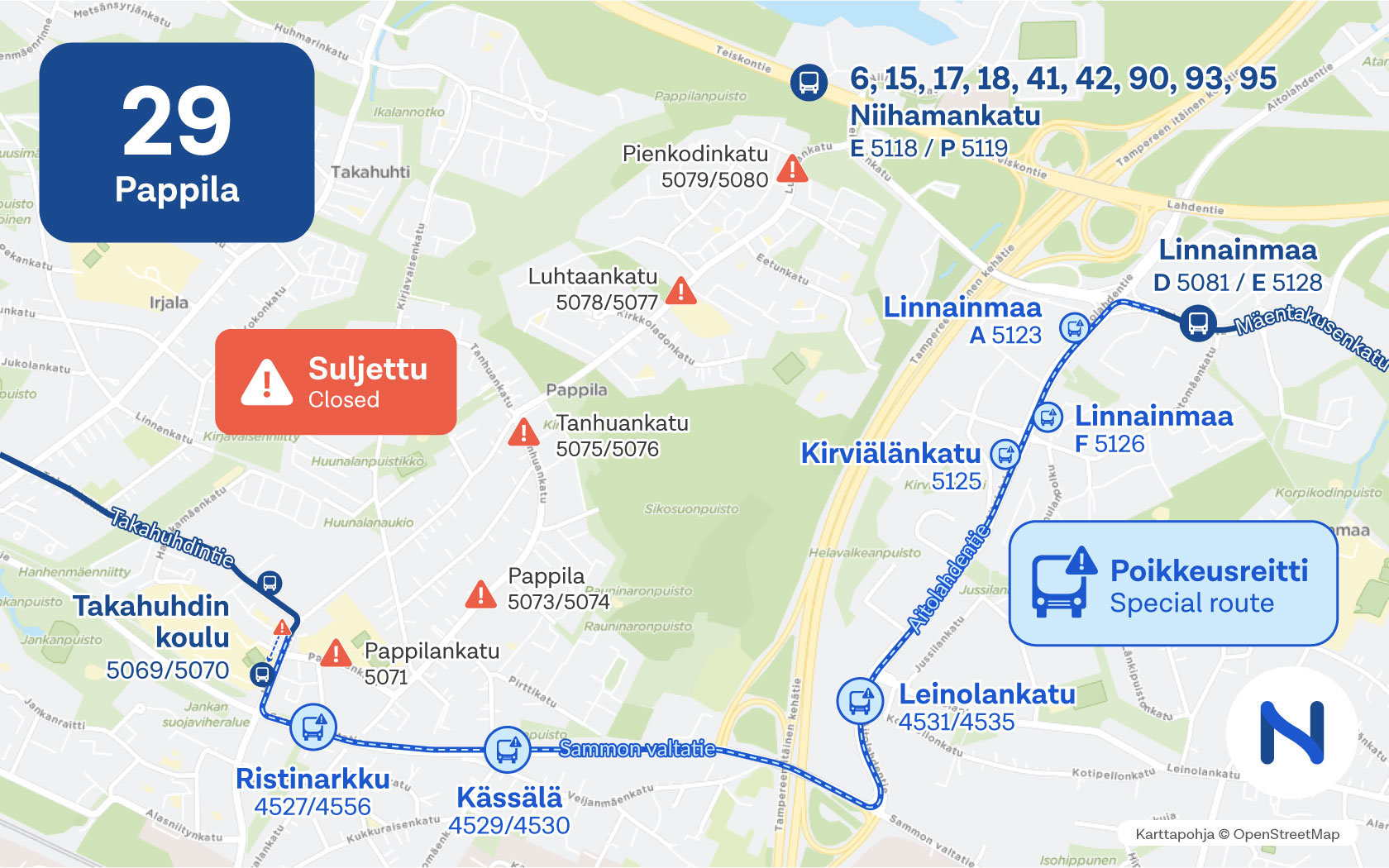 Kartalla näkyy linjan 29 poikkeusreitti ja pysäkit, sekä Pappilan alueen suljetut pysäkit.