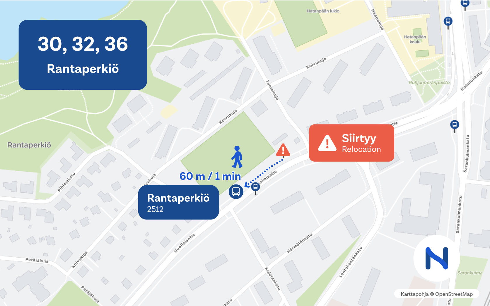 Kartalla näkyy pysäkin Rantaperkiö 2512 tilapäinen paikka.
