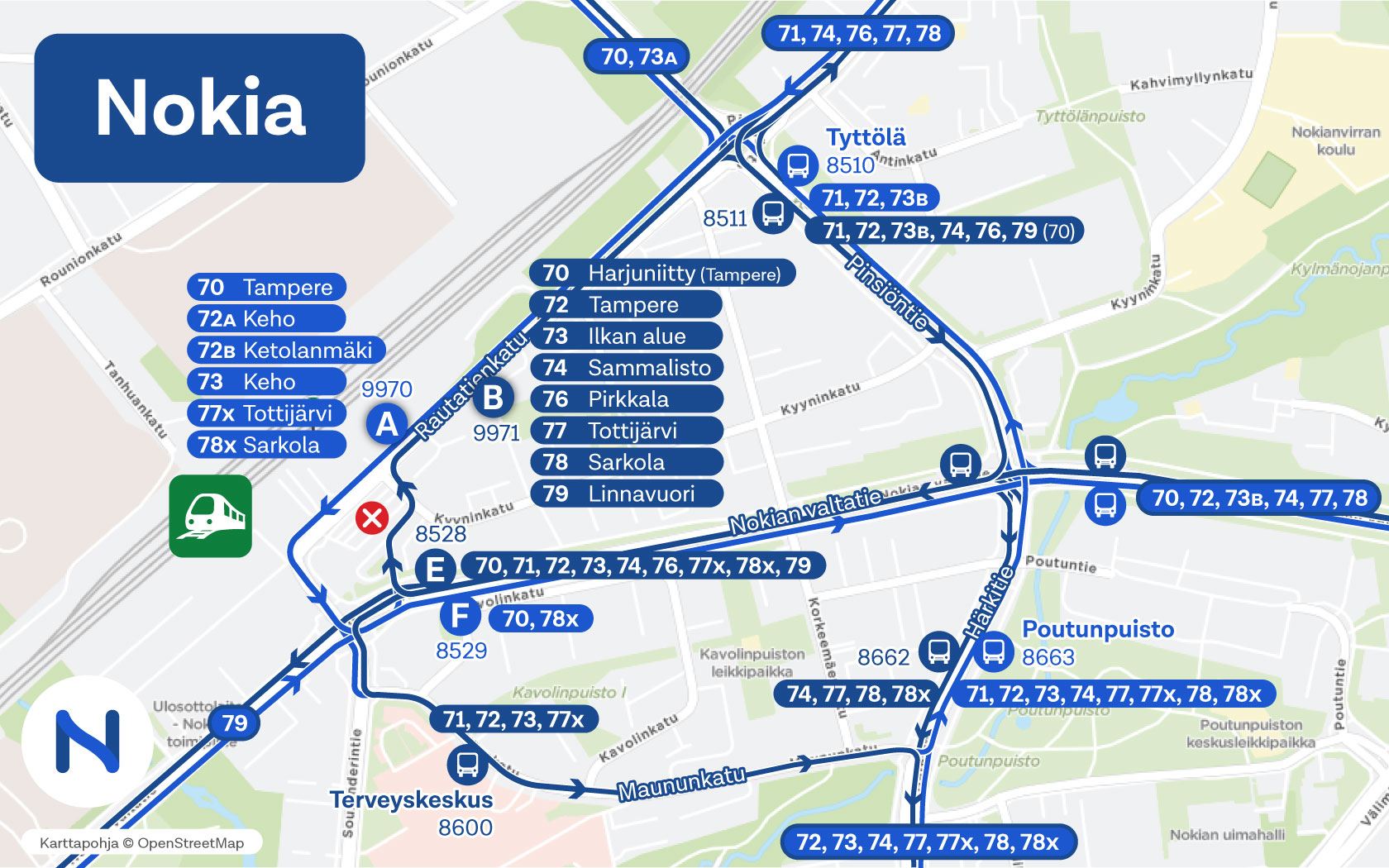 Kartalla on Nokian rautatieaseman ympäristön bussireitit ja pysäkit.