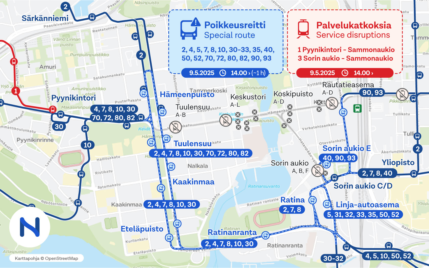 Kartalla näkyy Tampereen keskustan poikkeustilanne.