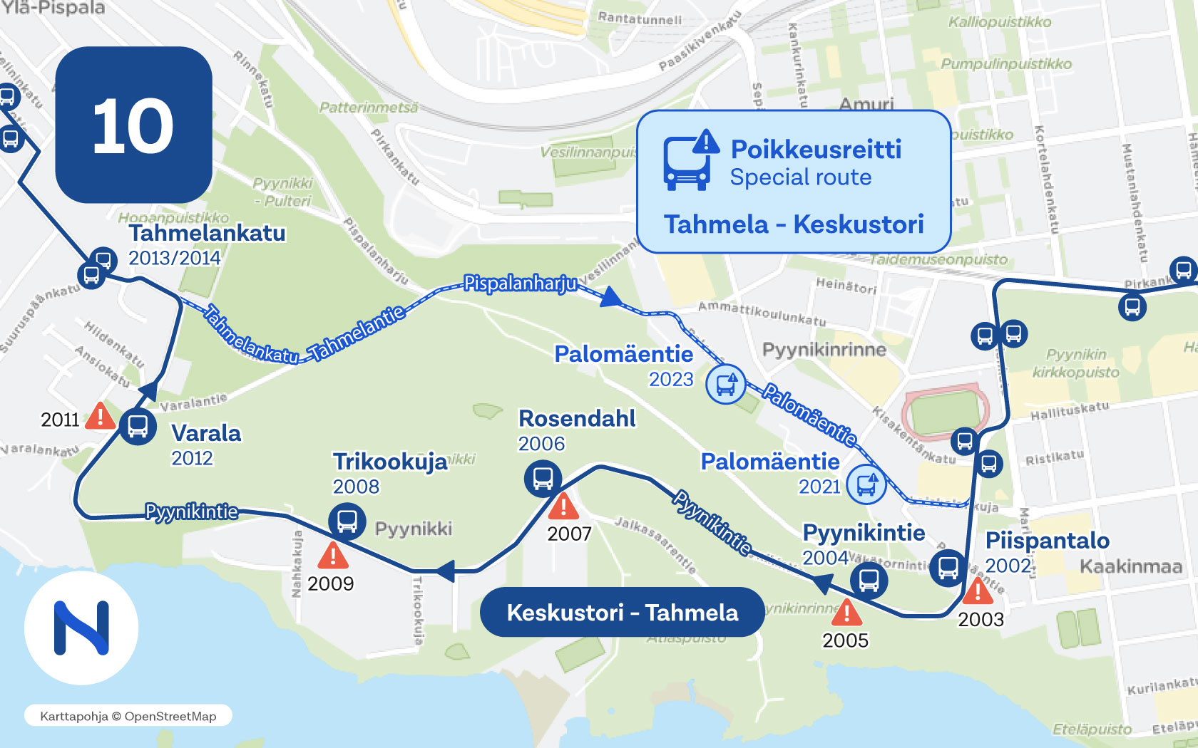 Kartalla näkyy linjan 10 poikkeusreitti ja pysäkit.
