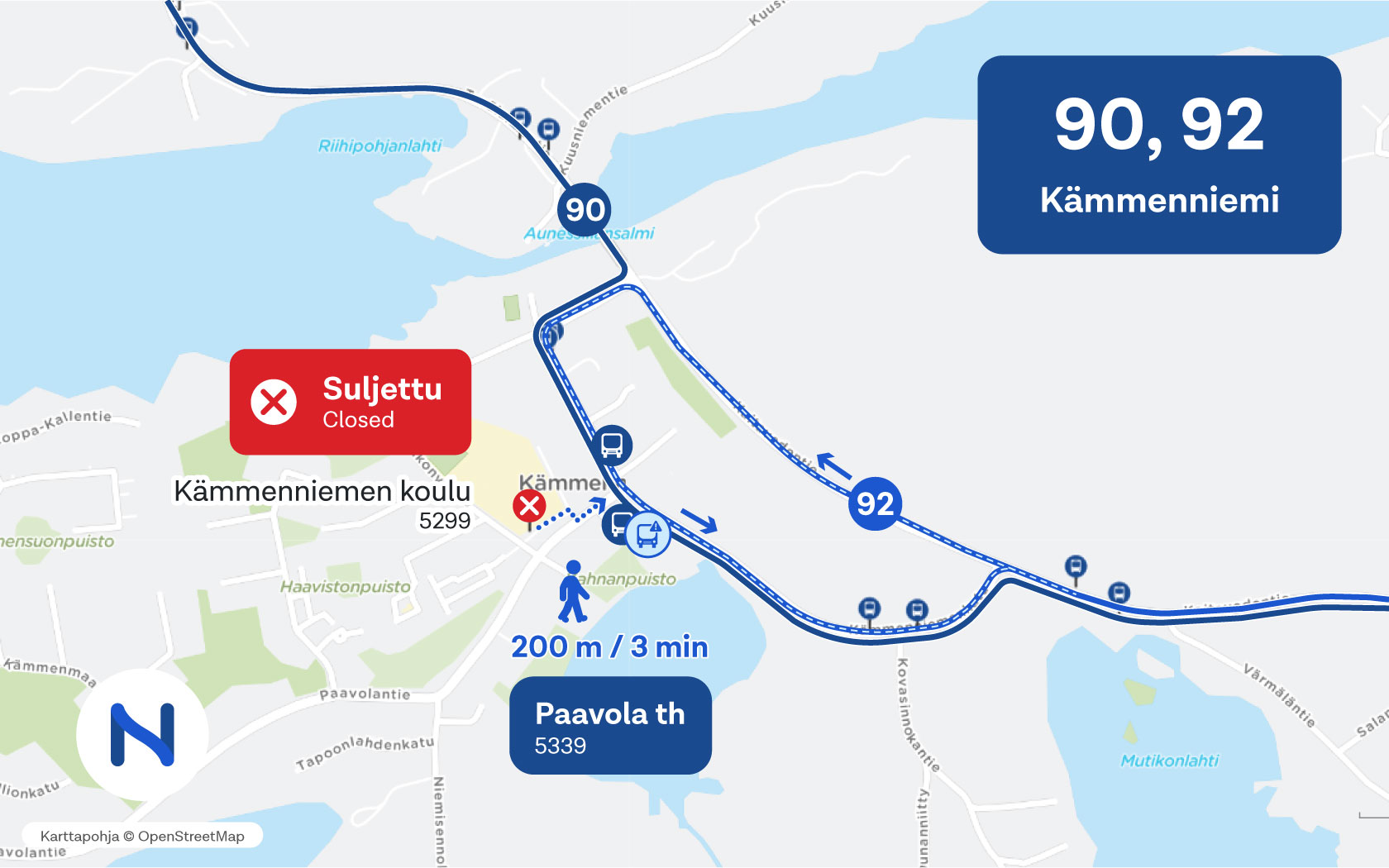 Kartalla näkyy Kämmenniemen koulun ympäristön bussilinjat ja pysäkit.