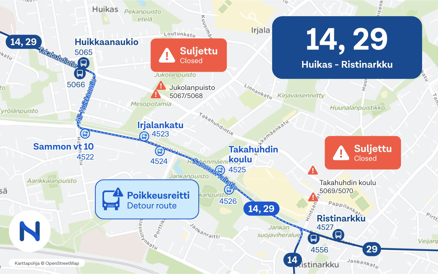 Kartalla näkyy linjojen 14 ja 29 poikkeusreitti ja pysäkit.