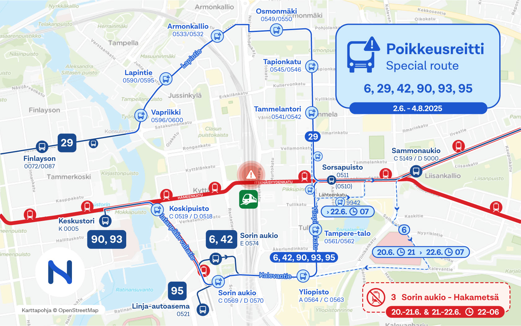 Kartalla näkyy linjojen 6, 29, 42, 90, 93 ja 95 bussien poikkeusreitit ja pysäkit.