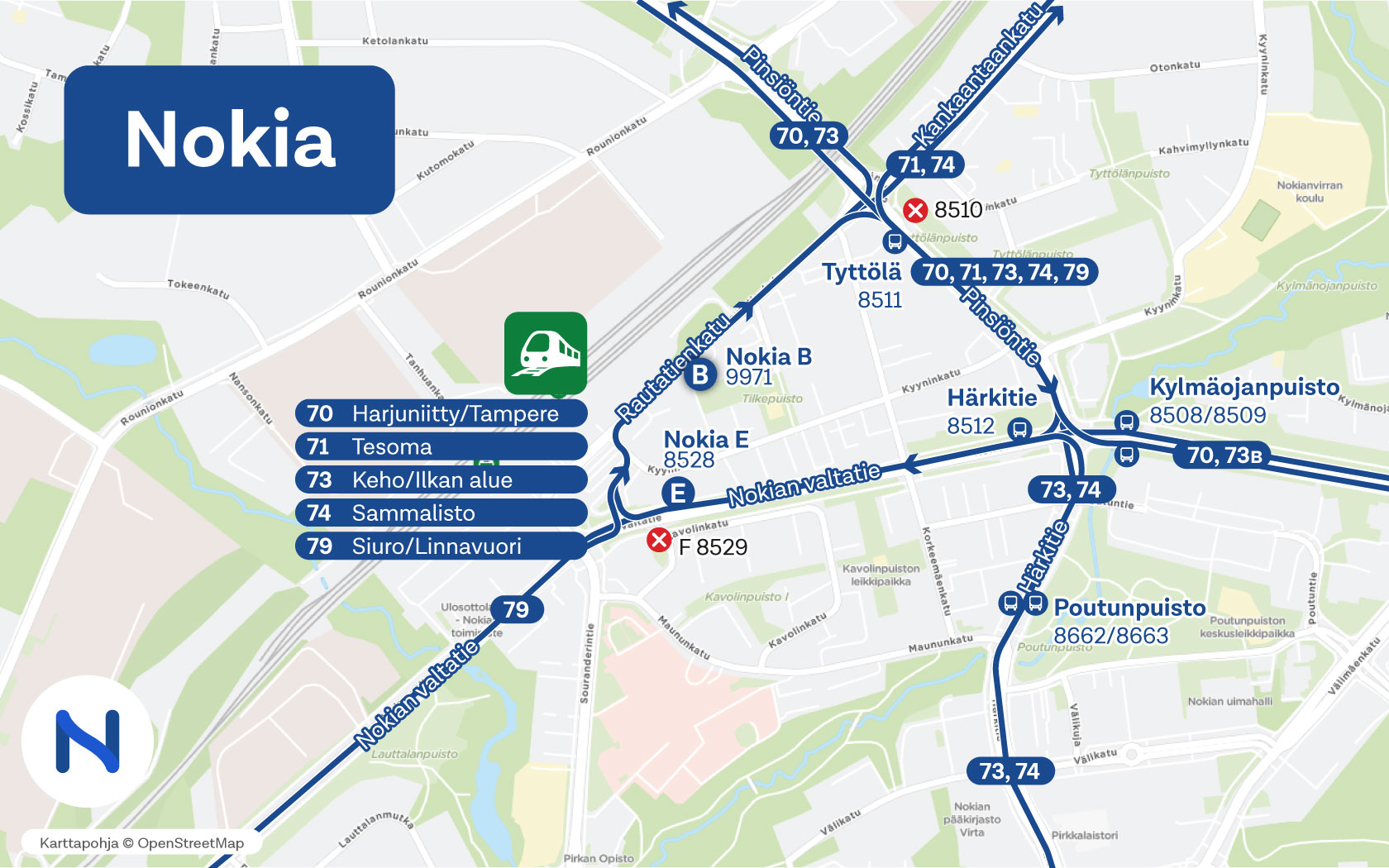 Nokian aseman bussireitit ja pysäkit kartalla.