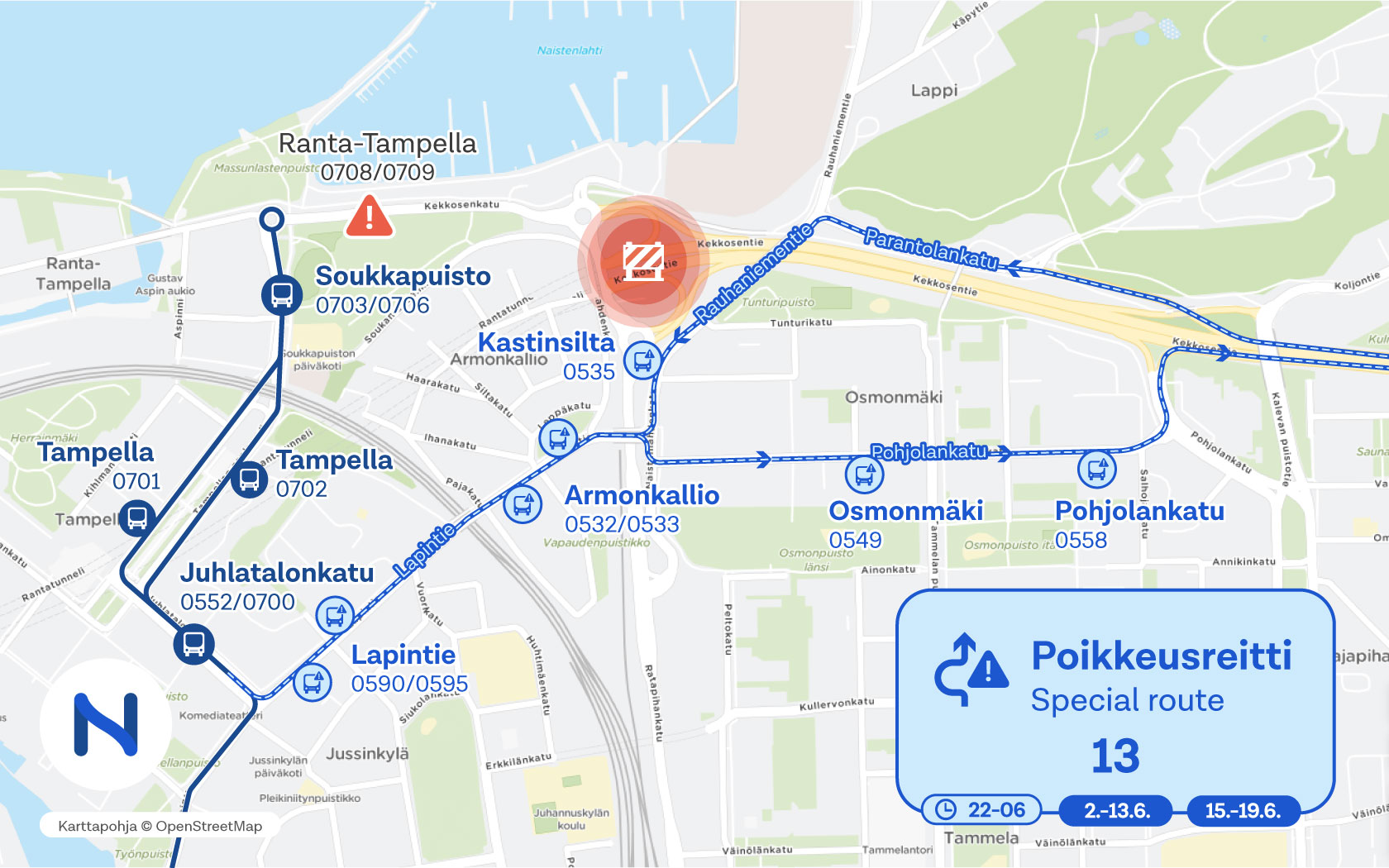 Kartalla näkyy linjan 13 poikkeusreitti ja pysäkit.