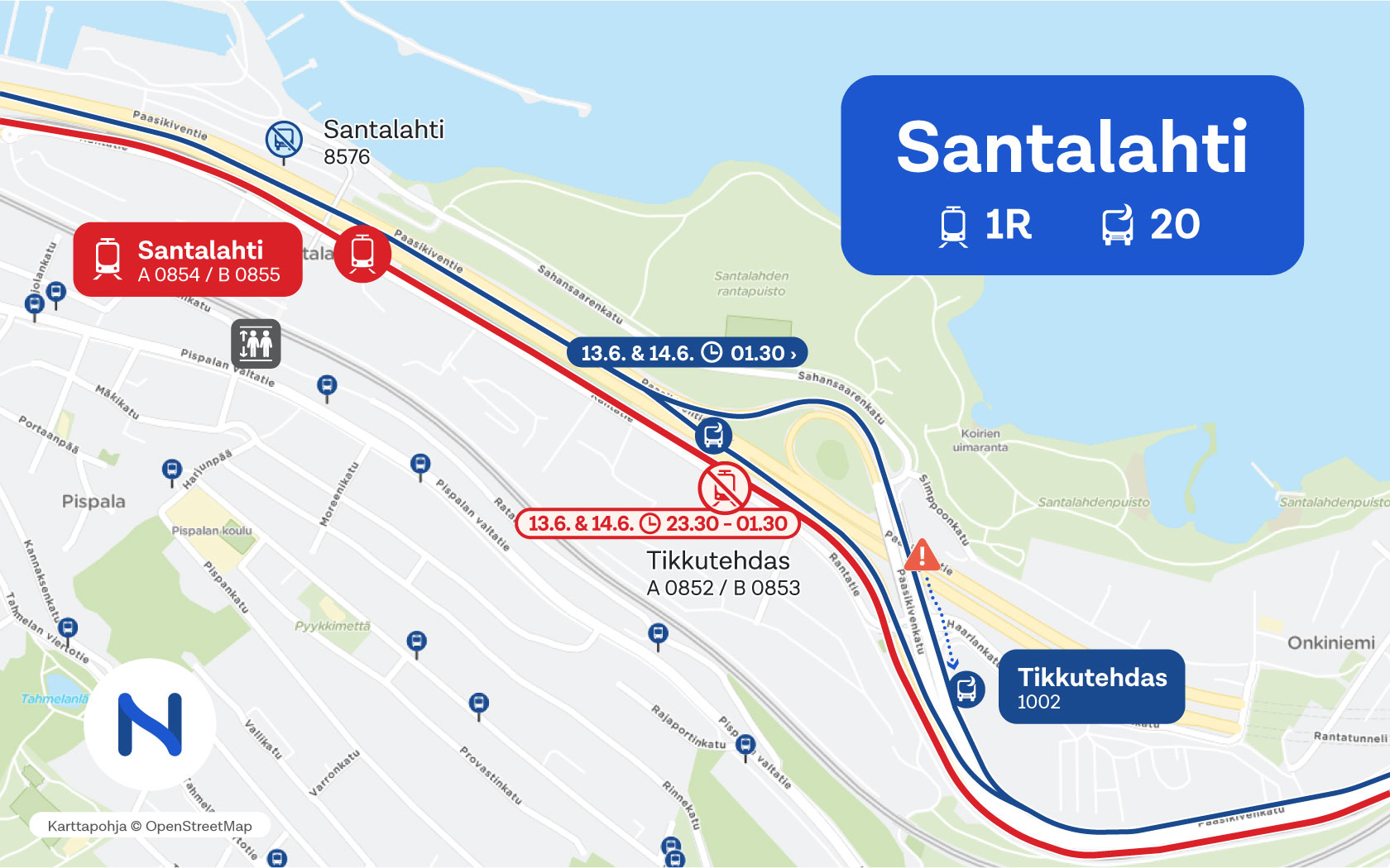 Kartalla näkyy Santalahden bussi- ja ratikkayhteydet.