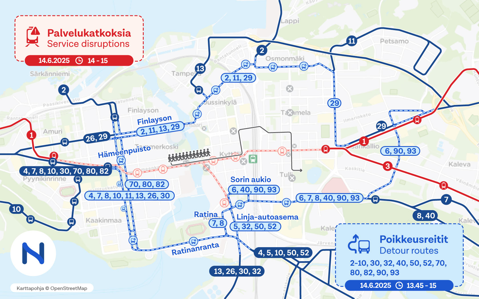 Kartalla näkyy keskustan poikkeusreitit ja pysäkit.
