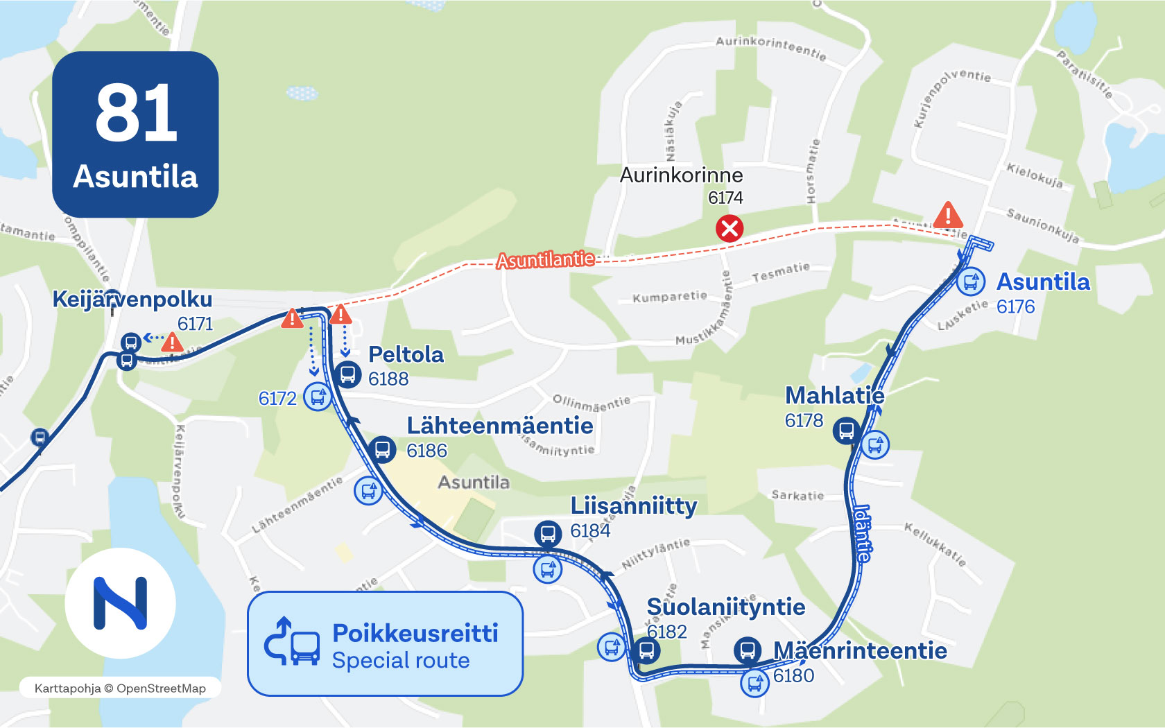 Kartalla näkyy Asuntilan poikkeusreitti ja pysäkit.