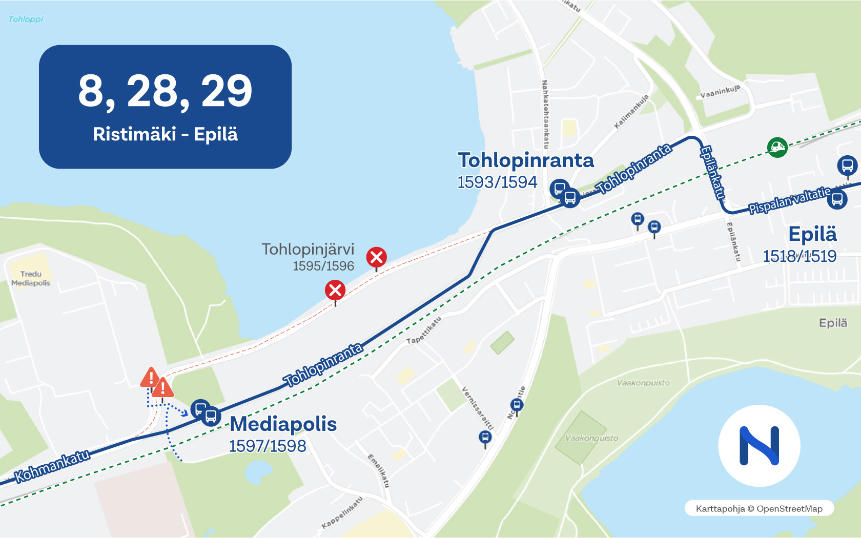 Kartalla näkyy Tohlopinrannan uusi reitti ja pysäkit.