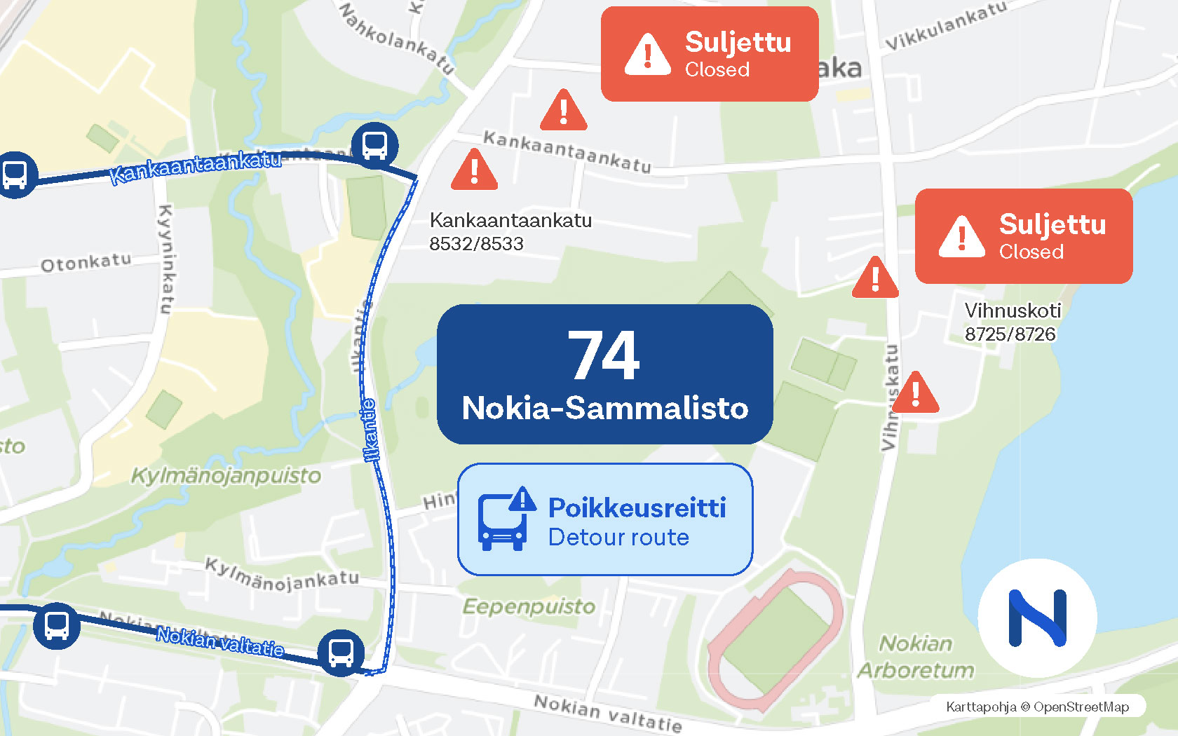Karttakuva reittimuutoksesta.