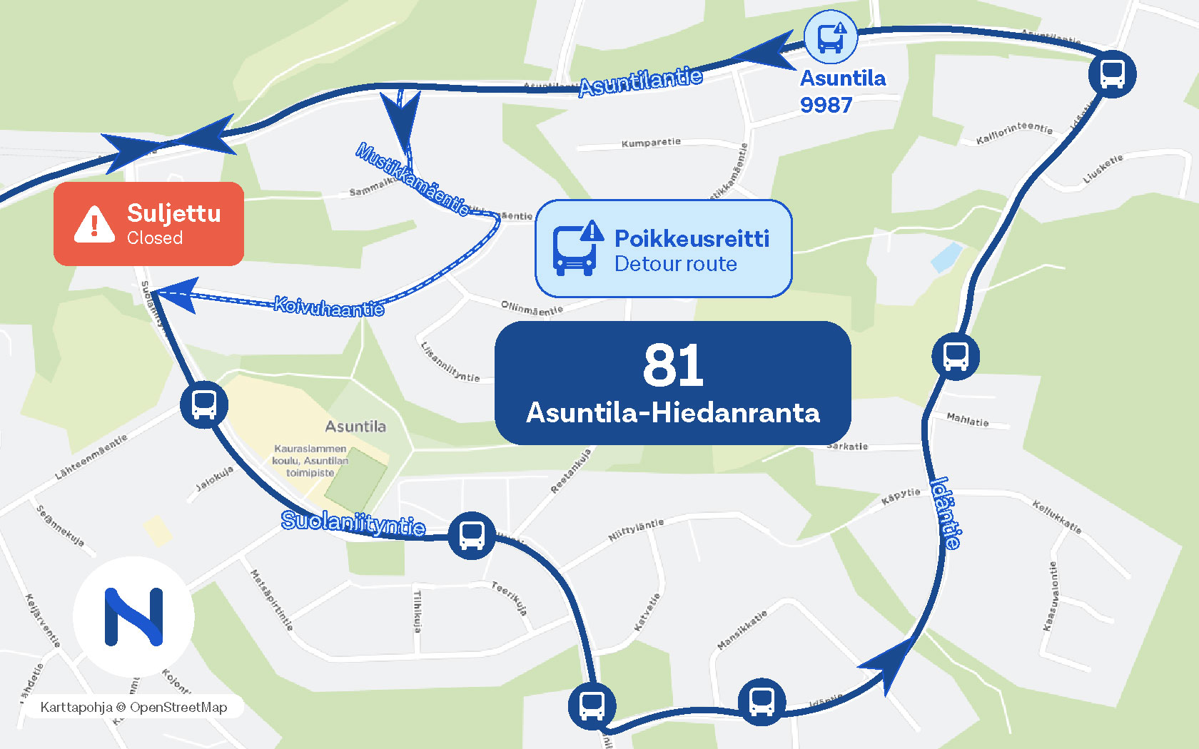 Karttakuva reittimuutoksesta.