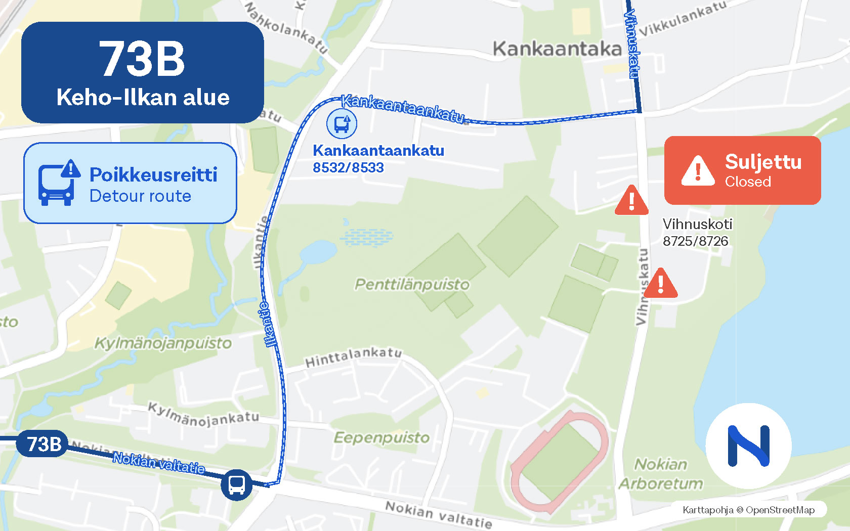 Karttakuva reittimuutoksesta.