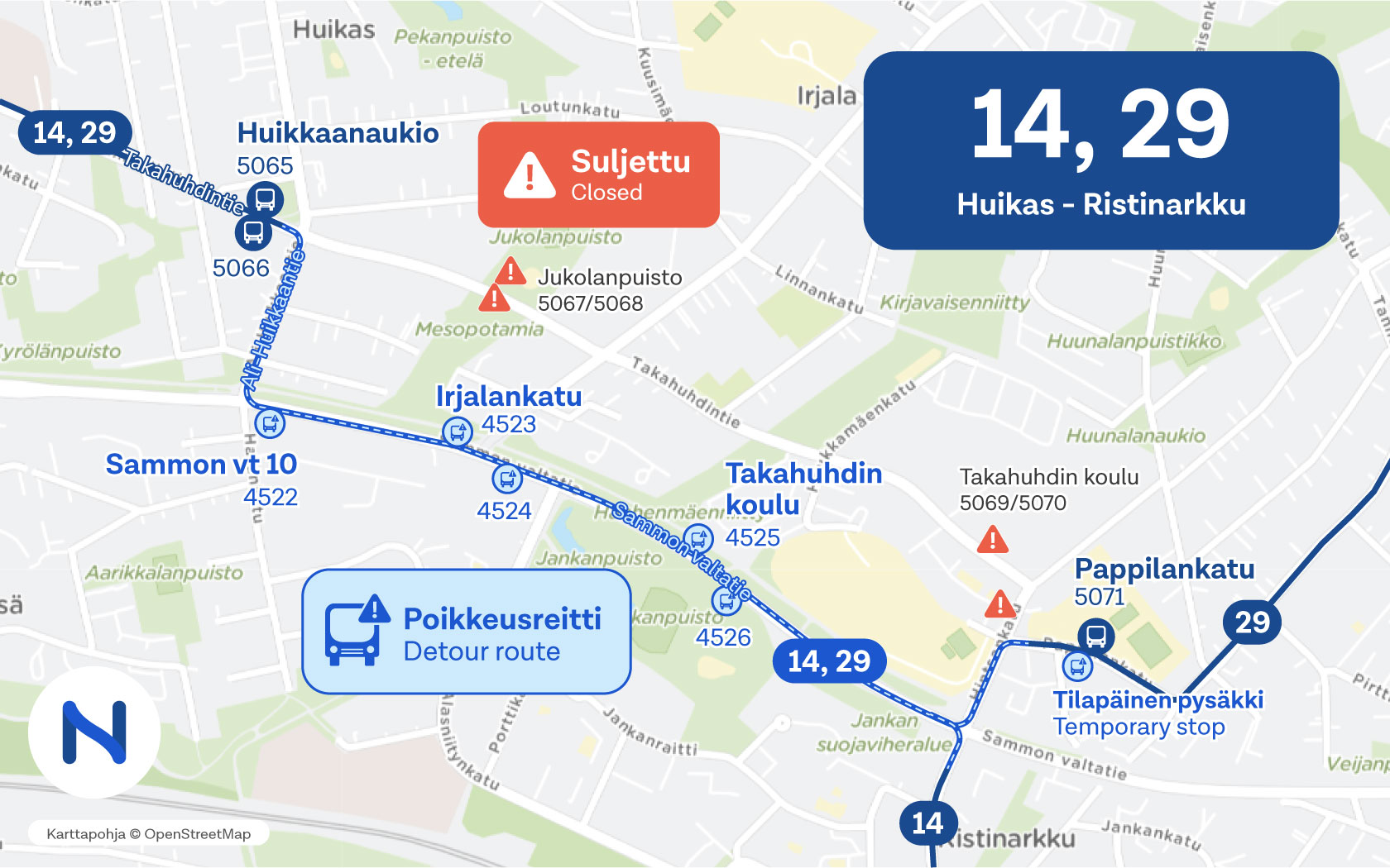 Kartalla näkyy linjojen 14 ja 29 poikkeusreitti sekä pysäkit.