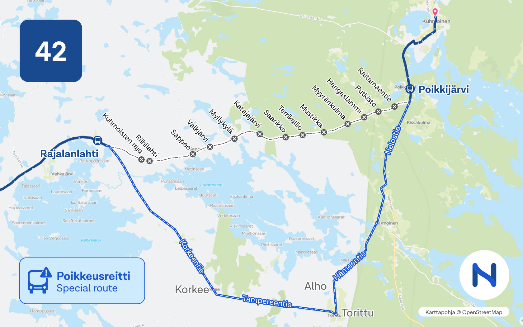 Kartalla näkyy linjan 42 poikkeusreitti ja suljetut pysäkit.