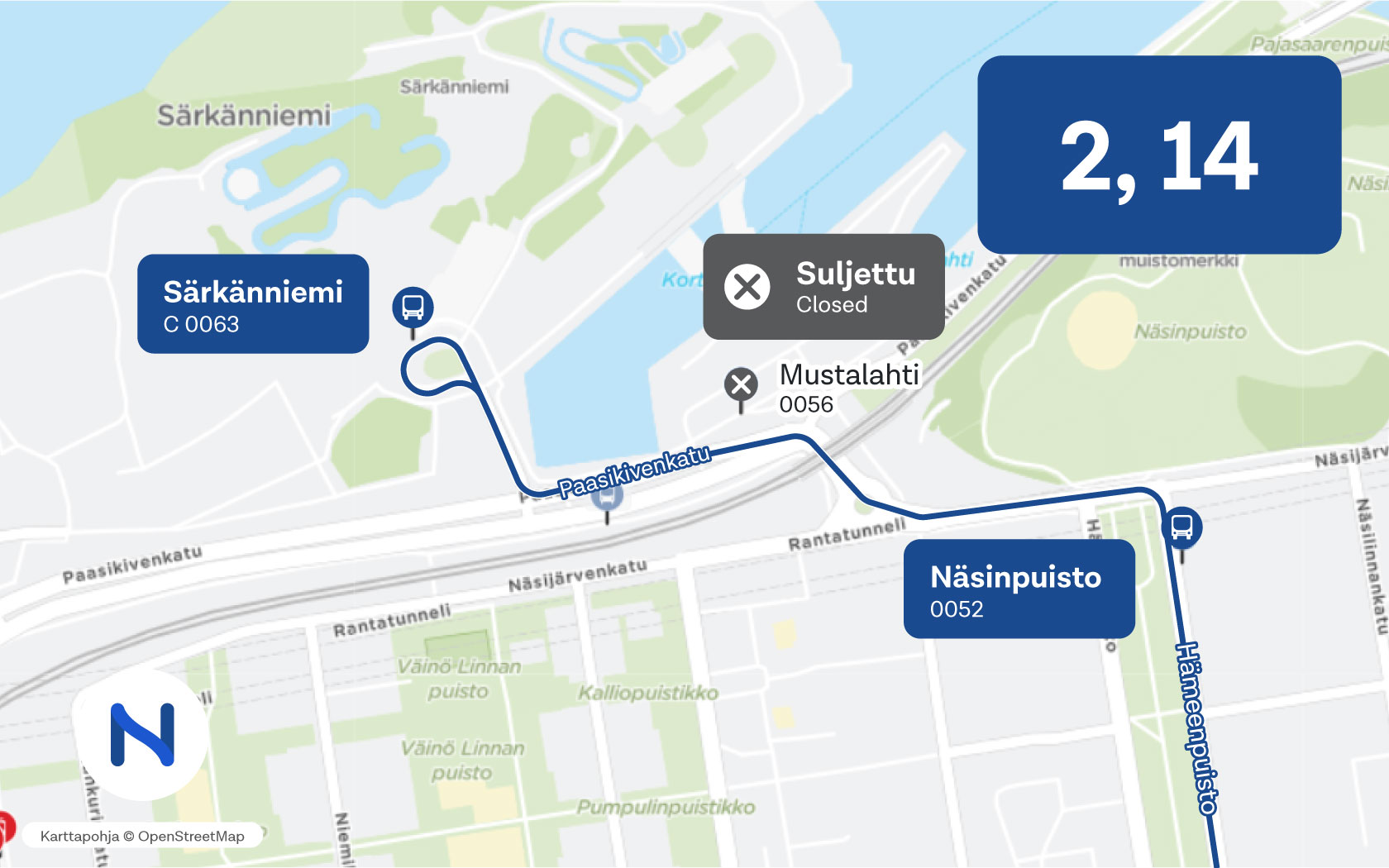 Kartalla näkyy suljetun pysäkin ja korvaavien pysäkkien sijainti.