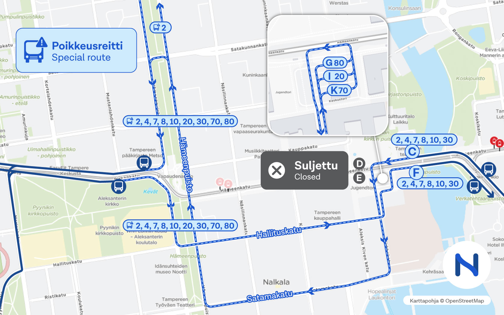 Kartalla näkyy bussien poikkeusreitit ja pysäkit.