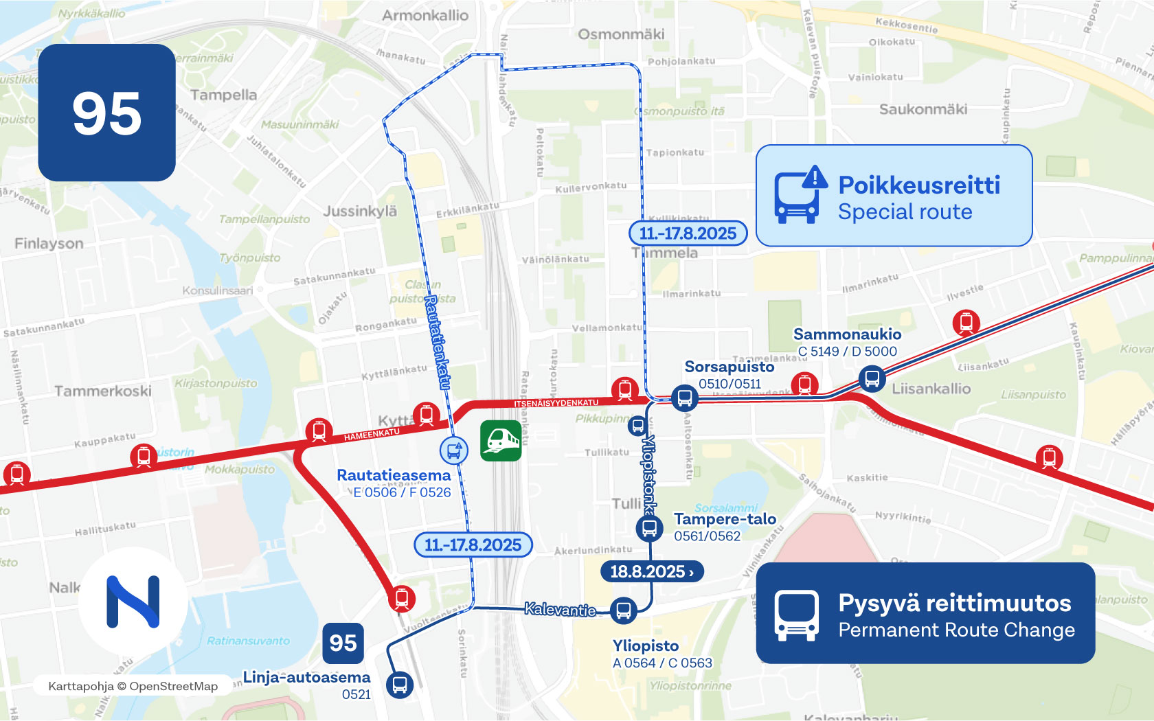 Kartalla näkyy linjan 95 poikkeusreitti ja uusi, pysyvä reitti sekä pysäkit.