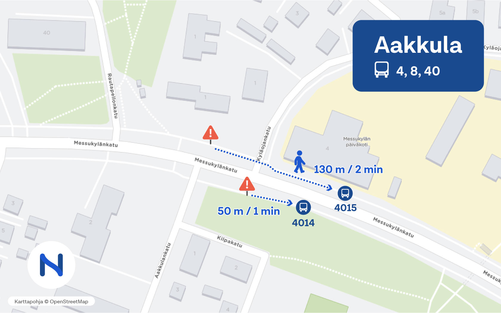 Kartalla näkyy Aakkulan pysäkkien uusi sijainti.