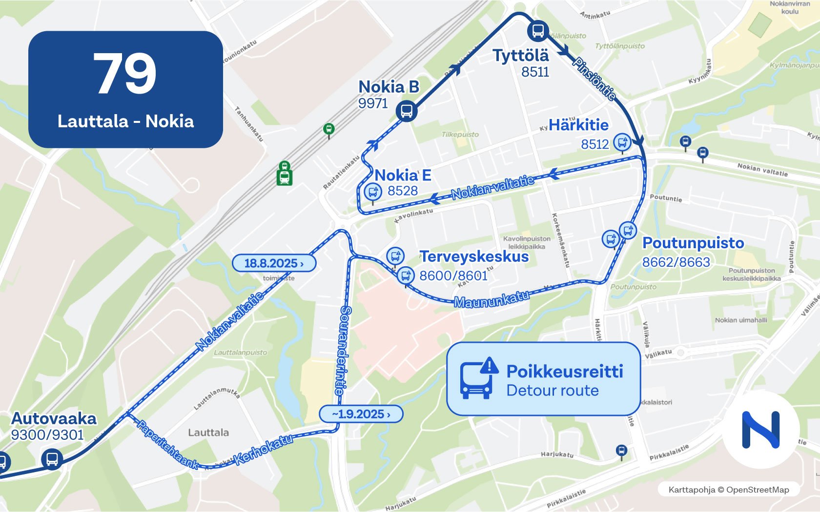 Kartalla näkyy bussin poikkeusreitti ja pysäkit.
