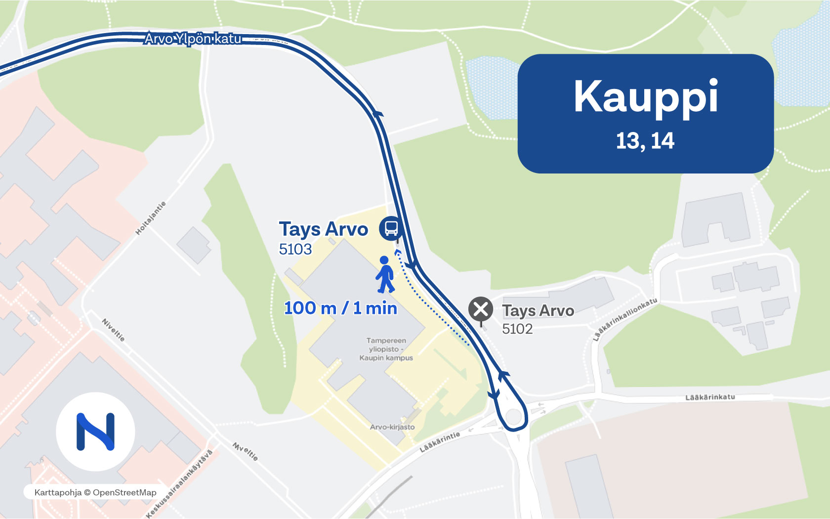 Kartalla näkyy suljettavan pysäkin sekä korvaavan pysäkin sijainnit.
