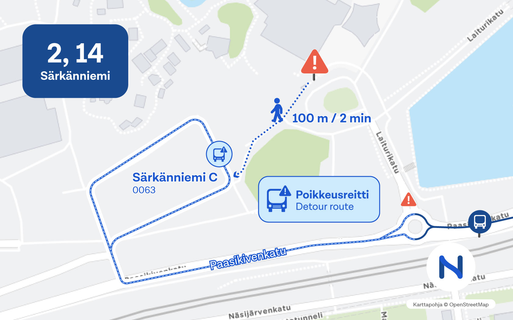 Kartalla näkyy pysäkin tilapäinen paikka ja poikkeusreitti.