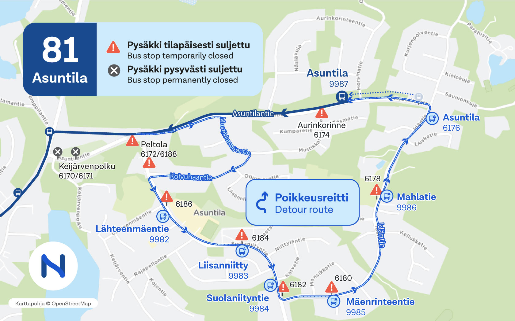 Kartalla näkyy linjan 81 poikkeureitti ja pysäkit.