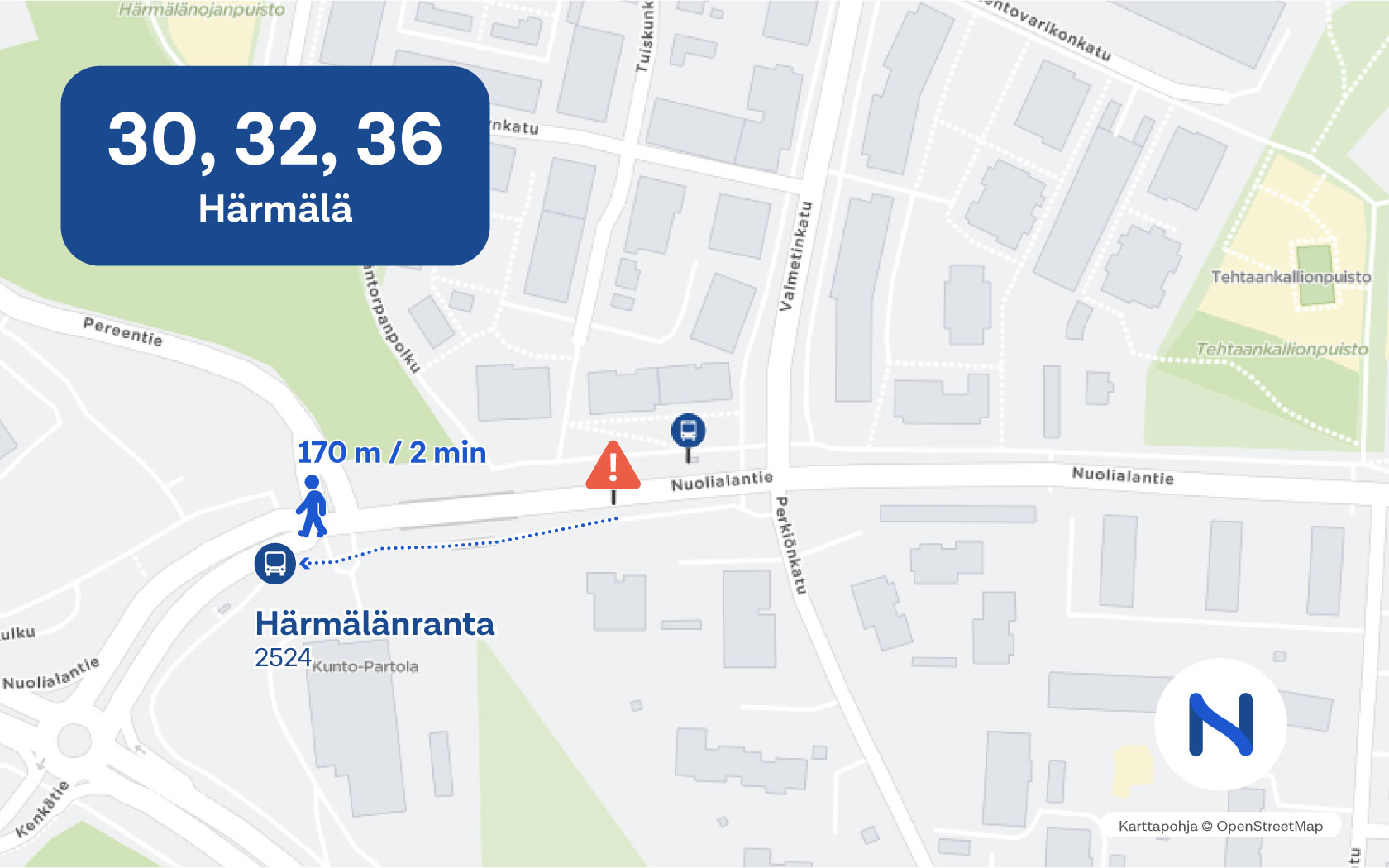 Kartalla näkyy pysäkin uusi paikka.