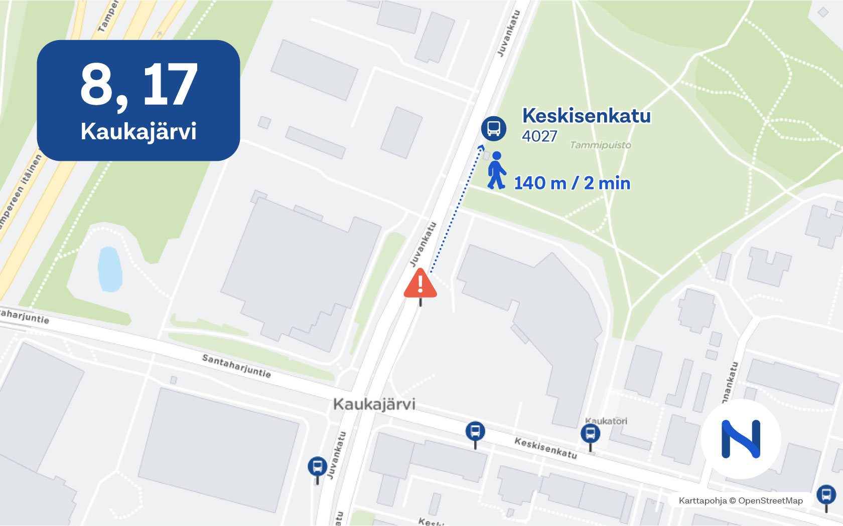 Kartalla näkyy pysäkin vanha ja uusi paikka.