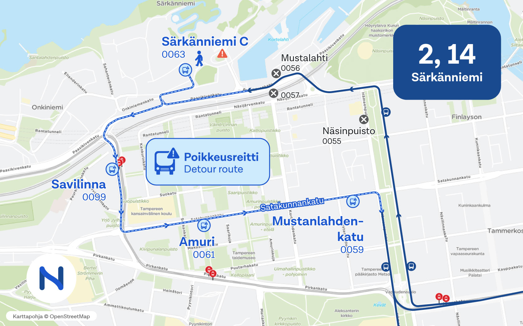 Linjojen 2 j 14 poikkeusreitti ja pysäkit kartalla.