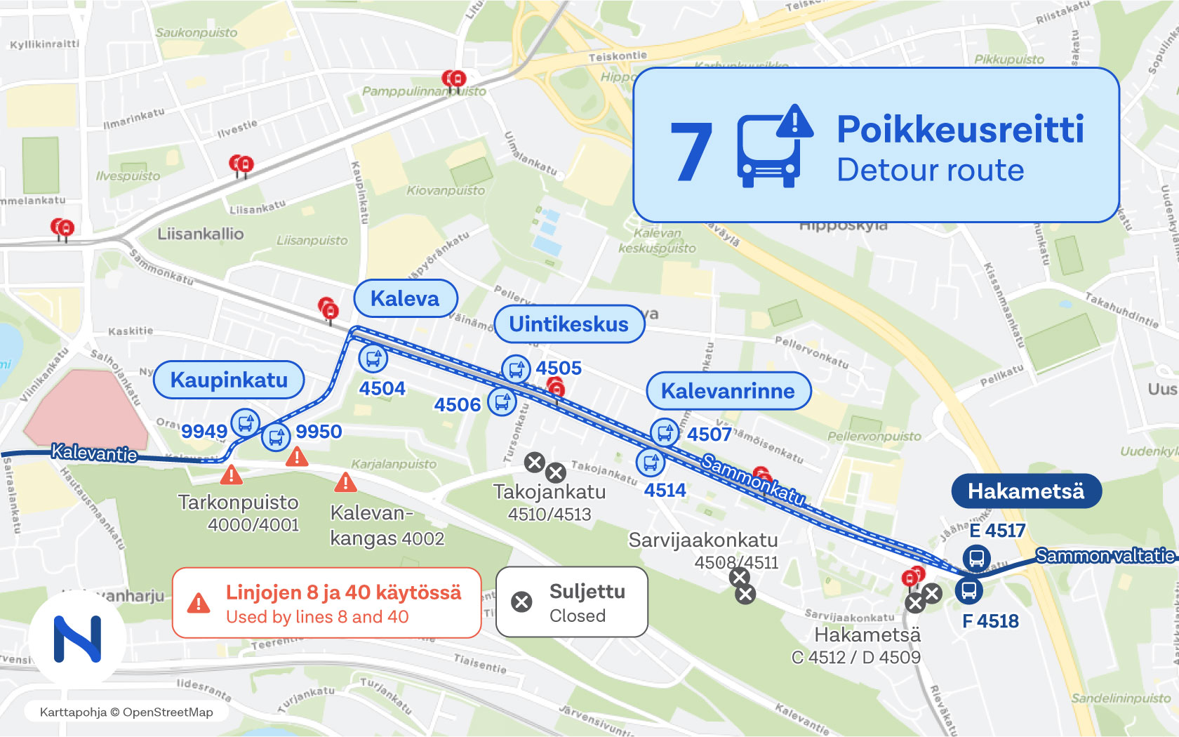 Poikkeusreitit ja pysäkit kartalla.