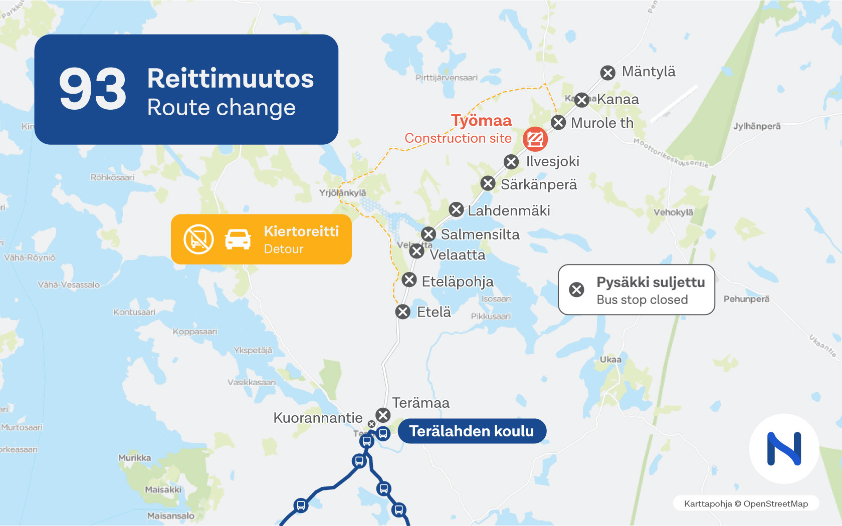 Kartalla näkyy suljettavat pysäkit ja työmaan kiertoreitti, joka ei ole bussien käytössä.