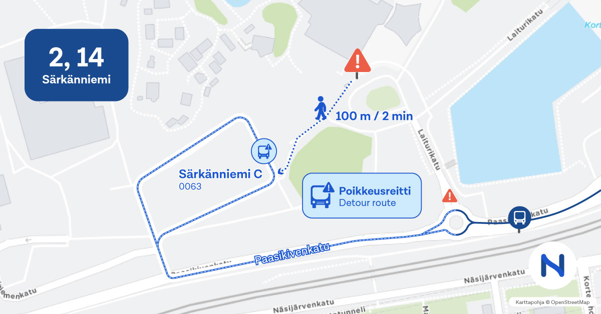 Kartalla näkyy pysäkin uusi paikka.