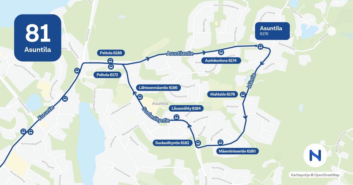 Linjan 81 reitti ja pysäkit kartalla.