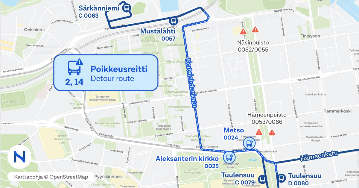 Poikkeusreitti ja pysäkit kartalla.