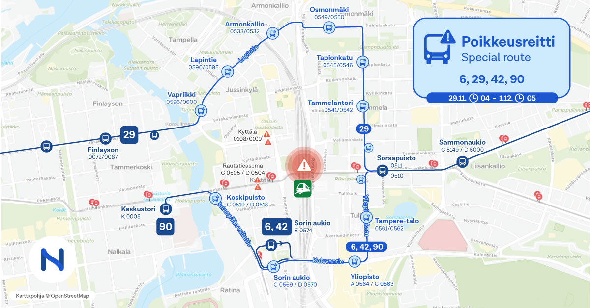 Poikkeusreitti ja pysäkit kartalla.