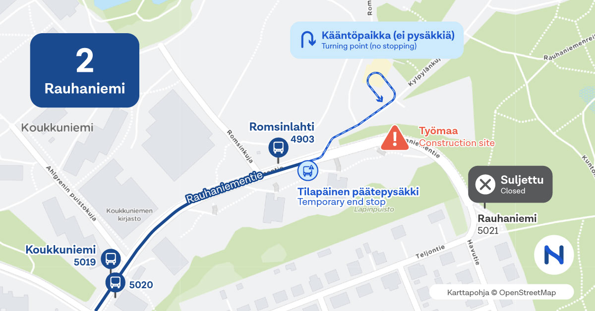 Rauhaniemen pysäkit ja bussin kääntöpaikka kartalla.