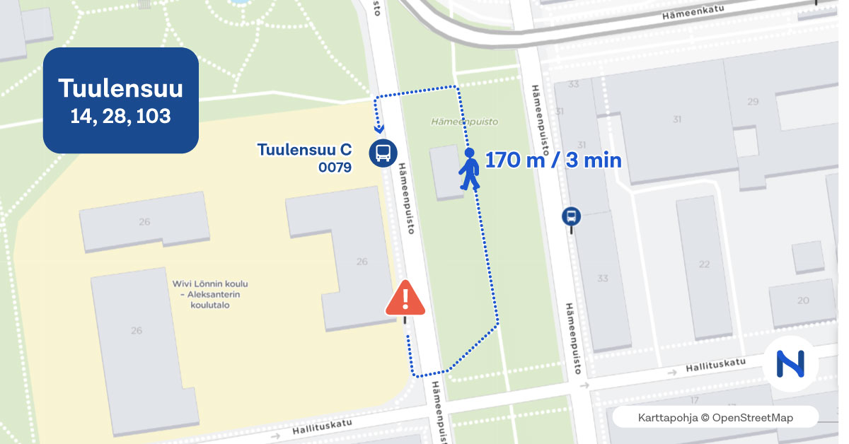 Pysäkki ja kävelyreitti pysäkille kartalla.