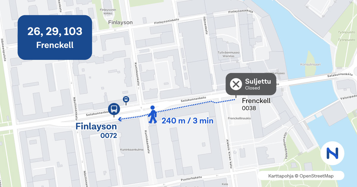 Pysäkki ja kävelyreitti korvaavalle pysäkille kartalla.