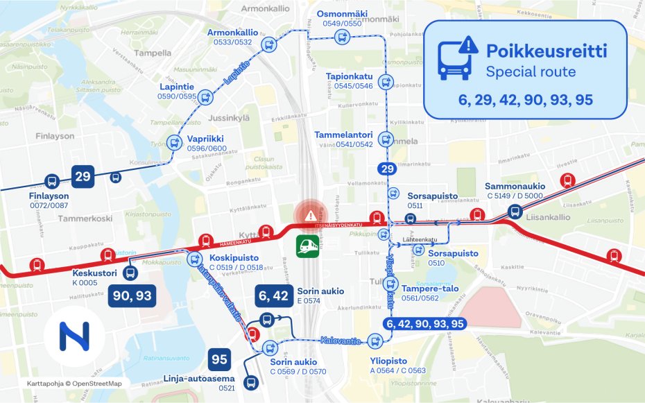 Kartalla näkyy bussireitit asematunnelin ollessa suljettu.