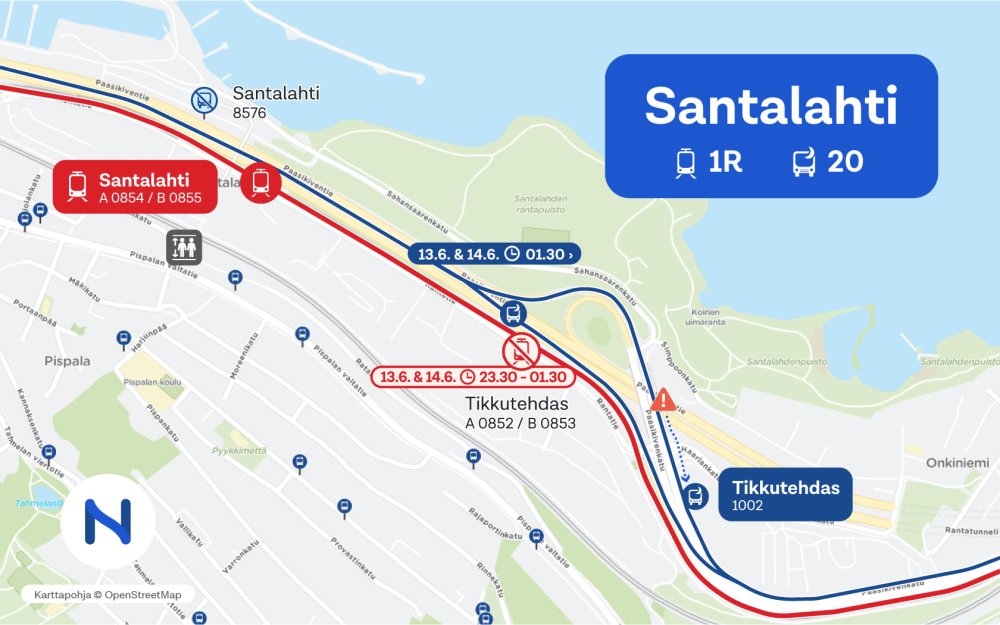 The map shows tram and bus lines in Santalahti area.